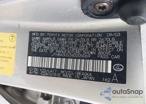 2004 Lexus Es 330 z USA, uszkodzony, nr VIN JTHBA30G340005069